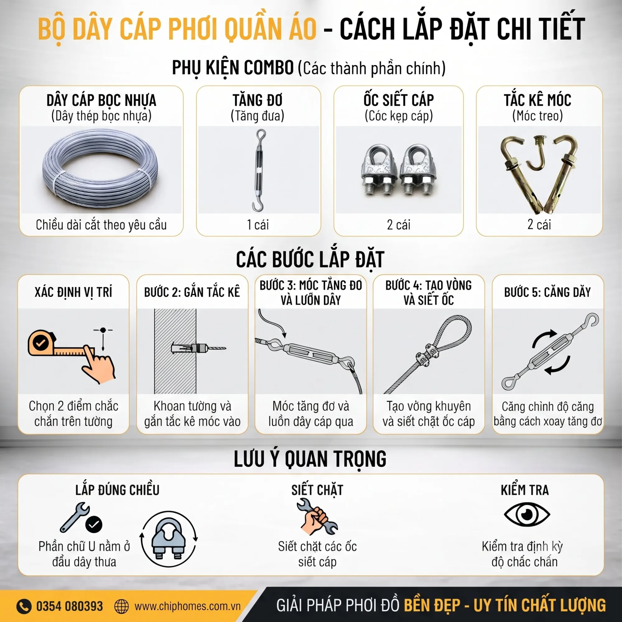 Hướng Dẫn Lắp Đặt Bộ Dây Cáp Thép Bọc Nhựa Phơi Quần Áo Đúng Cách