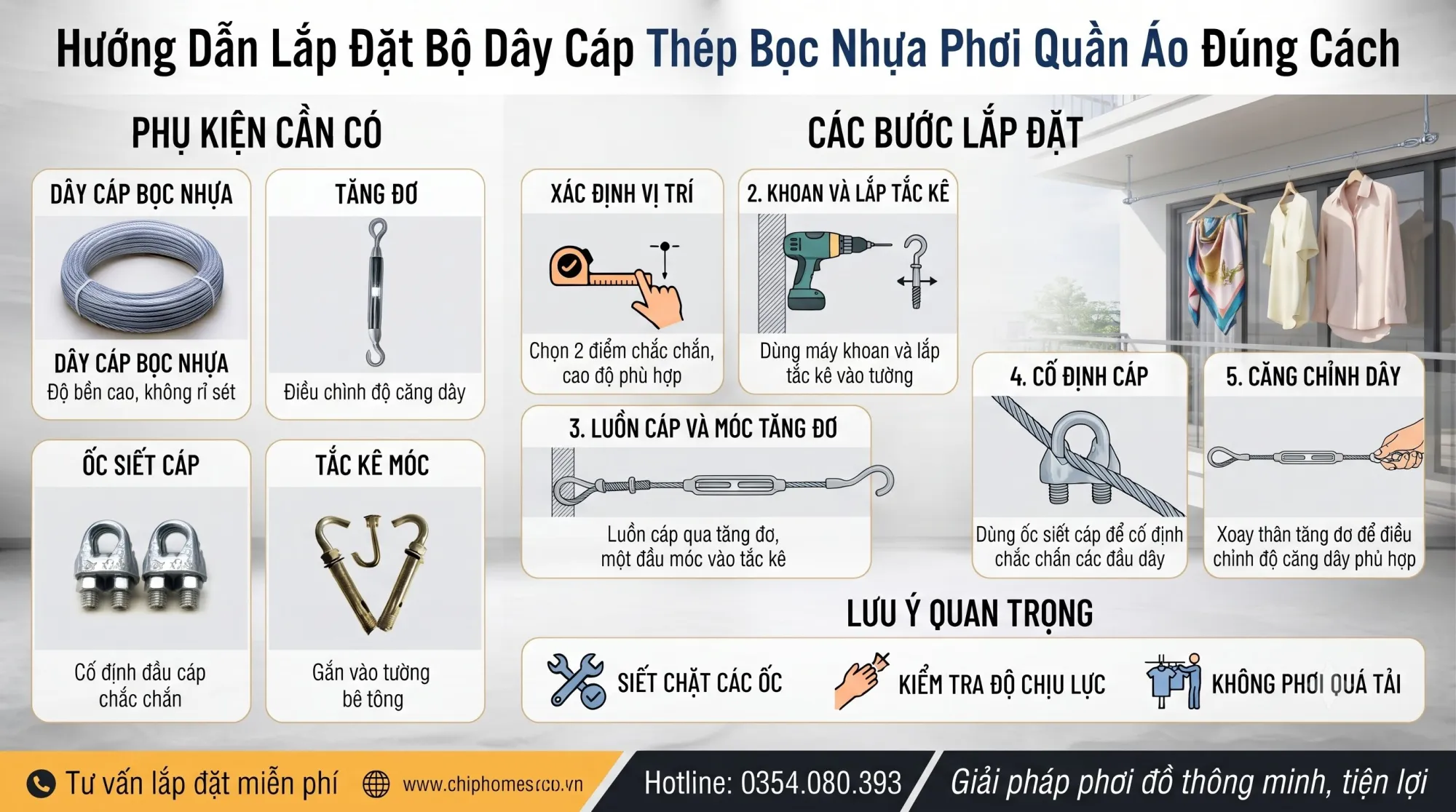 Hướng Dẫn Lắp Đặt Bộ Dây Cáp Thép Bọc Nhựa Phơi Quần Áo Đúng Cách