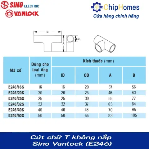 Bảng thông số kỹ thuật Cút chữ T không nắp Sino Vanlock (E246)