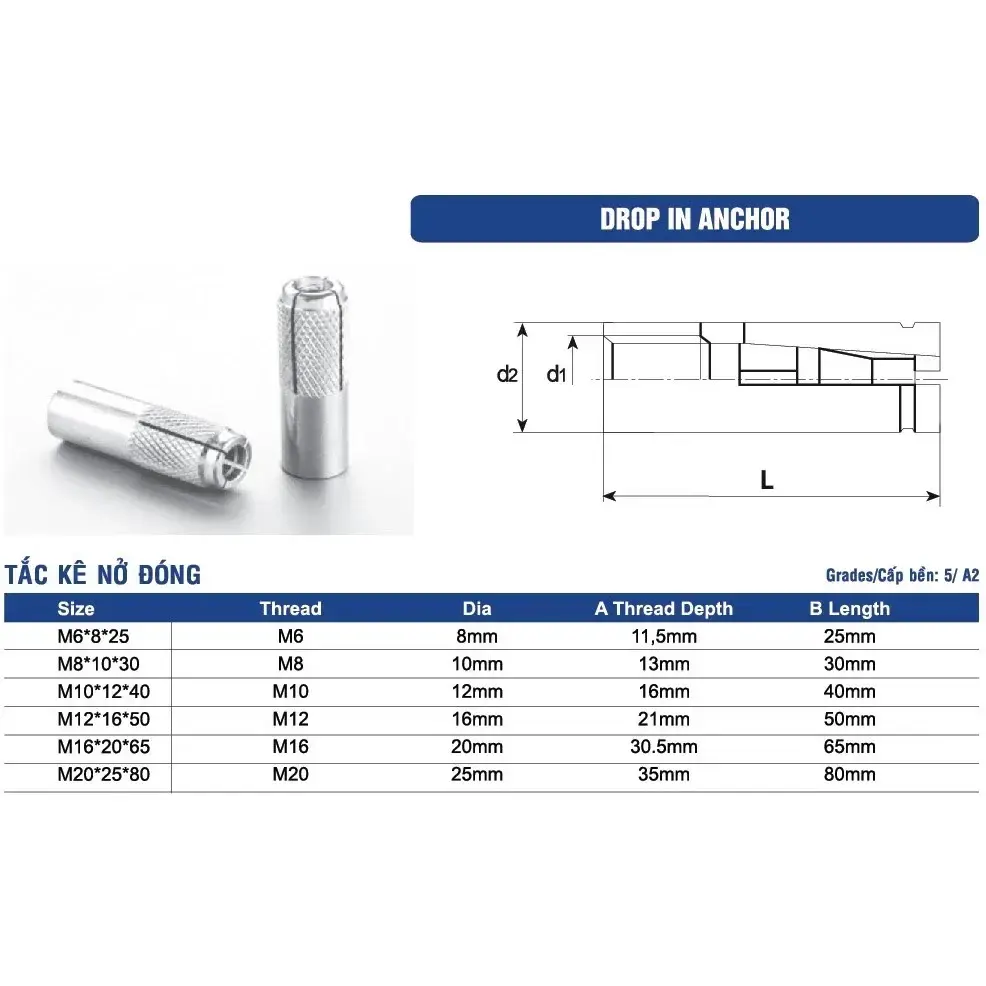 Tắc Kê Đạn - Nở Đóng Thép Mạ Kẽm (Drop-in Anchor)